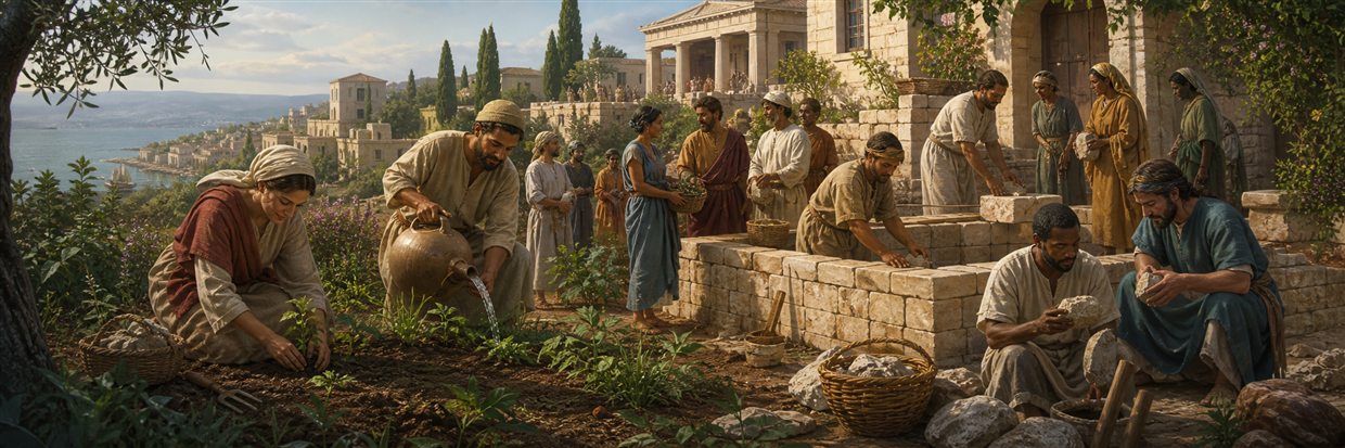 Believers planting and watering a garden beside coworkers building carefully on a stone foundation